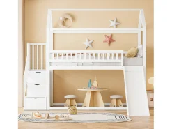 Cama mezanino infantil 90x200 cm - com escorrega e escada de arrumação - madeira maciça - com base de ripas - Branco