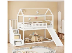 Cama mezanino infantil 90x200 cm - com escorrega e escada de arrumação - madeira maciça - com base de ripas - Branco