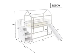 Cama mezanino infantil 90x200 cm - com escorrega e escada de arrumação - madeira maciça - com base de ripas - Branco