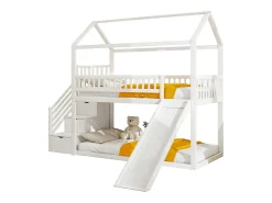Cama mezanino infantil 90x200 cm - com escorrega e escada de arrumação - madeira maciça - com base de ripas - Branco