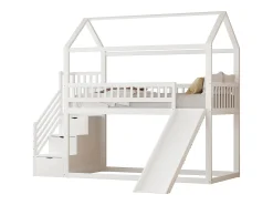 Cama mezanino infantil 90x200 cm - com escorrega e escada de arrumação - madeira maciça - com base de ripas - Branco