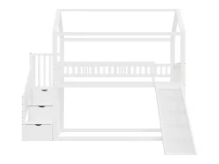 Cama mezanino infantil 90x200 cm - com escorrega e escada de arrumação - madeira maciça - com base de ripas - Branco