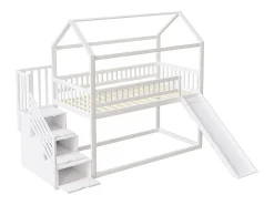 Cama mezanino infantil 90x200 cm - com escorrega e escada de arrumação - madeira maciça - com base de ripas - Branco