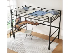 Cama mezanino metálica 90x200 cm com secretária em L e estante - Preto (sem colchão)