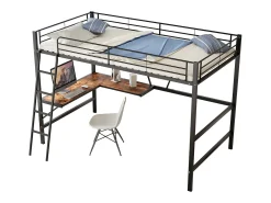 Cama mezanino metálica 90x200 cm com secretária em L e estante - Preto (sem colchão)