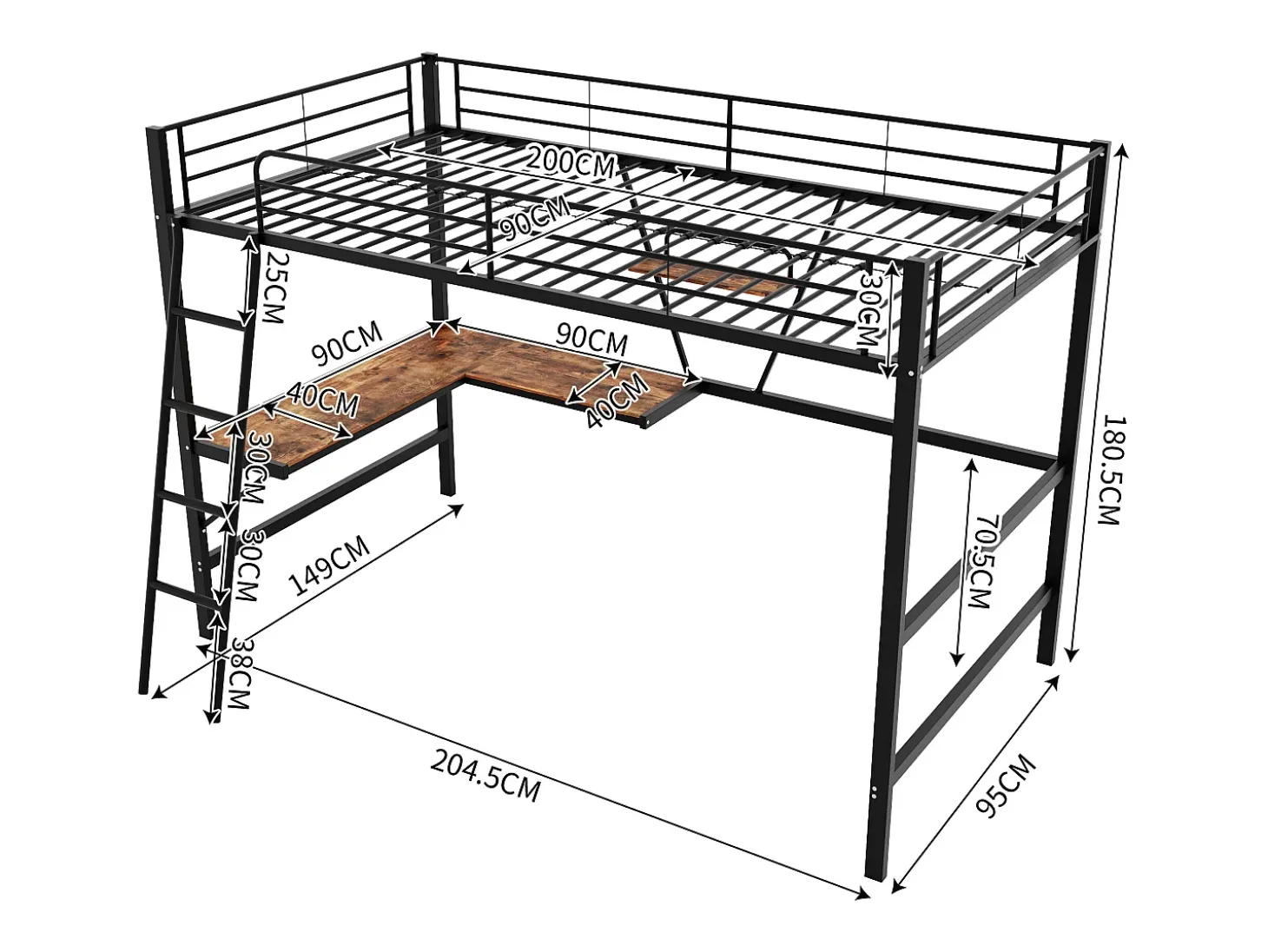 Cama mezanino metálica 90x200 cm com secretária em L e estante - Preto (sem colchão)