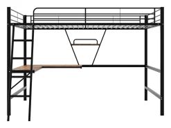 Cama mezanino metálica 90x200 cm com secretária em L e estante - Preto (sem colchão)