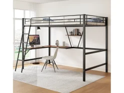 Cama mezanino metálica 90x200 cm com secretária em L e estante - Preto (sem colchão)