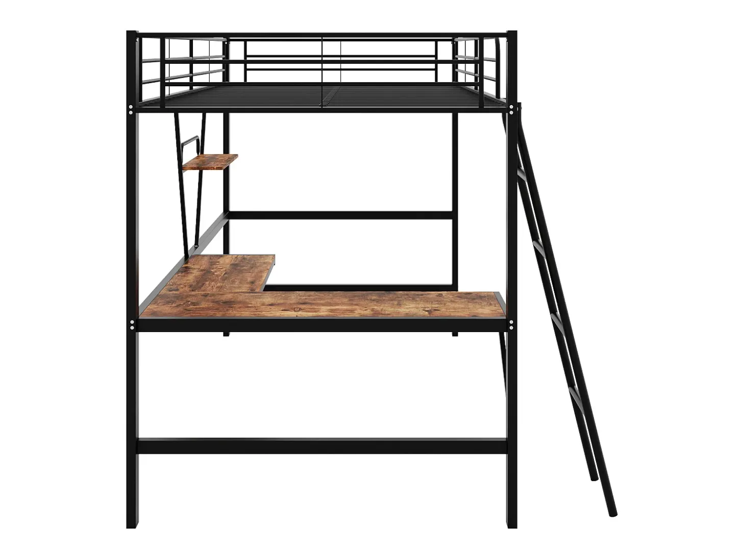 Cama mezanino metálica 90x200 cm com secretária em L e estante - Preto (sem colchão)