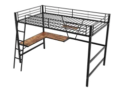 Cama mezanino metálica 90x200 cm com secretária em L e estante - Preto (sem colchão)