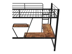 Cama mezanino metálica 90x200 cm com secretária em L e estante - Preto (sem colchão)