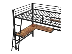 Cama mezanino metálica 90x200 cm com secretária em L e estante - Preto (sem colchão)