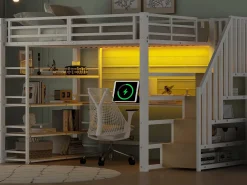 Cama mezanino metálica 140x200cm - con escrivaninha e compartimentos de armazenamento - con luz LED e porta USB - MDF - Branco​ (colchão não incluído)