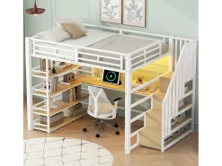 Cama mezanino metálica 140x200cm - con escrivaninha e compartimentos de armazenamento - con luz LED e porta USB - MDF - Branco​ (colchão não incluído)