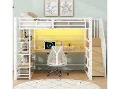 Cama mezanino metálica 140x200cm - con escrivaninha e compartimentos de armazenamento - con luz LED e porta USB - MDF - Branco​ (colchão não incluído)