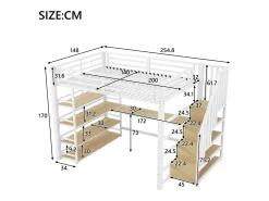 Cama mezanino metálica 140x200cm - con escrivaninha e compartimentos de armazenamento - con luz LED e porta USB - MDF - Branco​ (colchão não incluído)