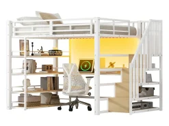 Cama mezanino metálica 140x200cm - con escrivaninha e compartimentos de armazenamento - con luz LED e porta USB - MDF - Branco​ (colchão não incluído)