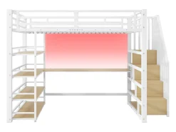 Cama mezanino metálica 140x200cm - con escrivaninha e compartimentos de armazenamento - con luz LED e porta USB - MDF - Branco​ (colchão não incluído)