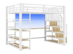 Cama mezanino metálica 140x200cm - con escrivaninha e compartimentos de armazenamento - con luz LED e porta USB - MDF - Branco​ (colchão não incluído)