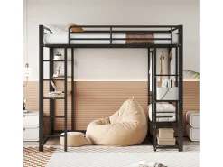 Cama mezanino metálica 140x200cm - com mesa e prateleiras - Preto