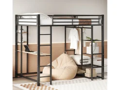Cama mezanino metálica 140x200cm - com mesa e prateleiras - Preto