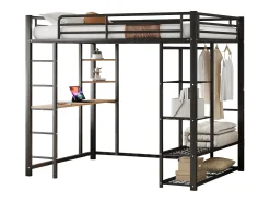 Cama mezanino metálica 140x200cm - com mesa e prateleiras - Preto