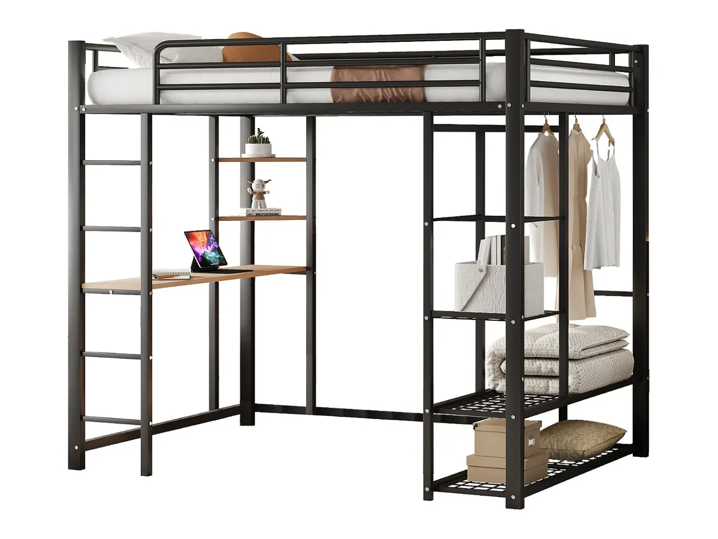 Cama mezanino metálica 140x200cm - com mesa e prateleiras - Preto