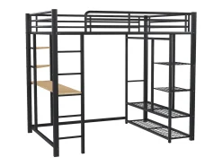 Cama mezanino metálica 140x200cm - com mesa e prateleiras - Preto