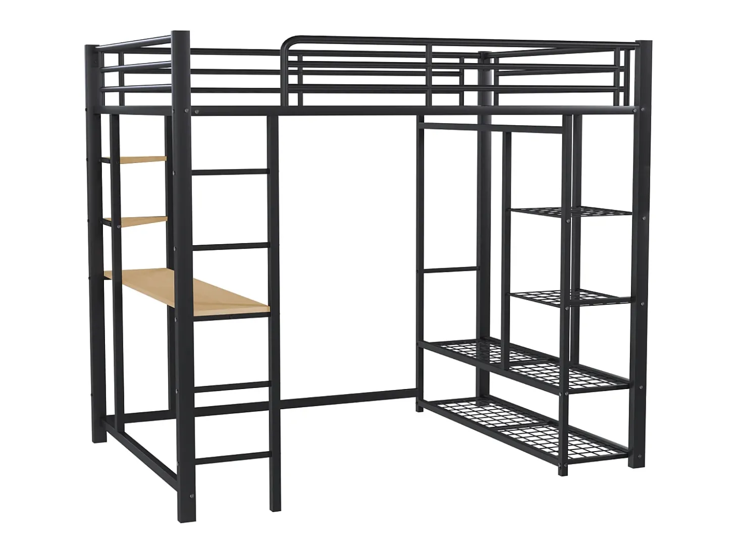 Cama mezanino metálica 140x200cm - com mesa e prateleiras - Preto