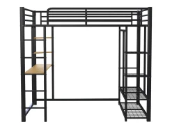 Cama mezanino metálica 140x200cm - com mesa e prateleiras - Preto