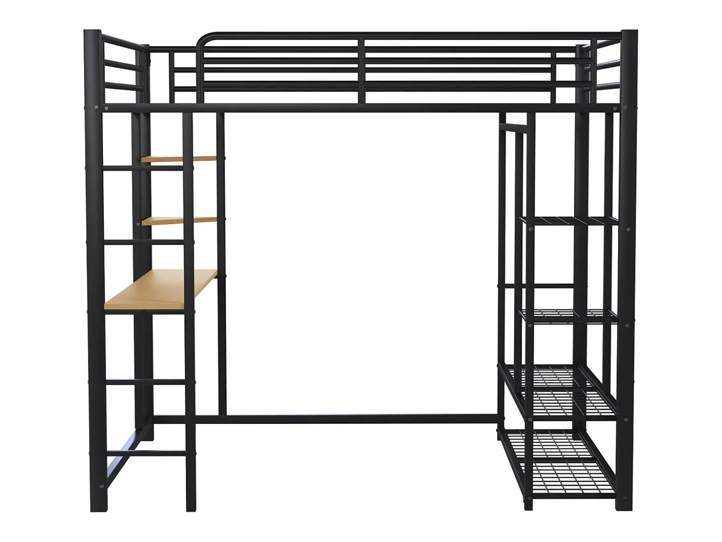 Cama mezanino metálica 140x200cm - com mesa e prateleiras - Preto