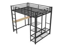 Cama mezanino metálica 140x200cm - com mesa e prateleiras - Preto