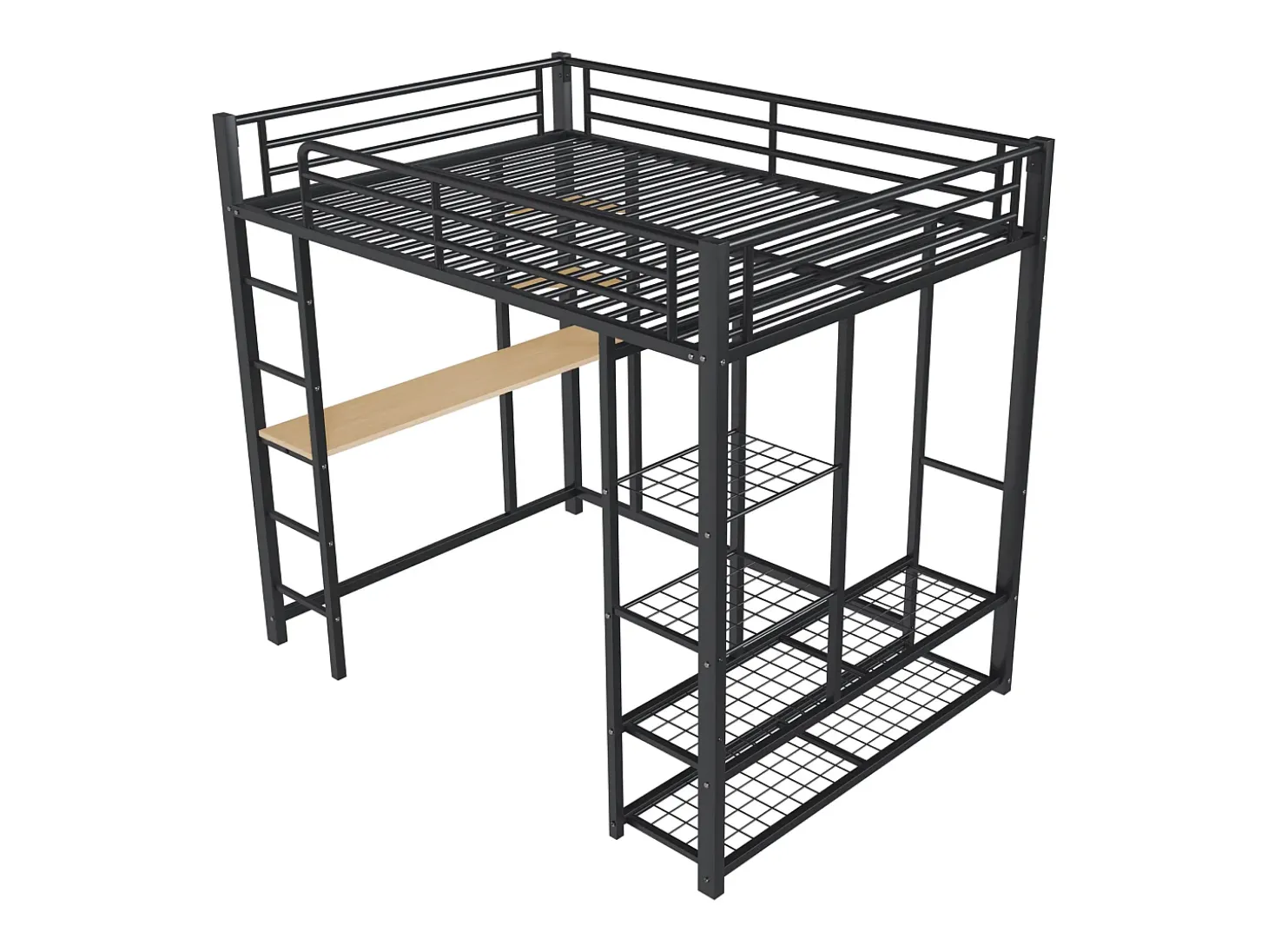 Cama mezanino metálica 140x200cm - com mesa e prateleiras - Preto