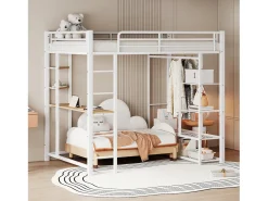 Cama mezanino metálica 140x200cm - com mesa e prateleiras - Branco