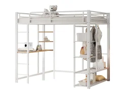 Cama mezanino metálica 140x200cm - com mesa e prateleiras - Branco