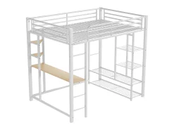 Cama mezanino metálica 140x200cm - com mesa e prateleiras - Branco