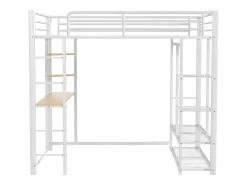 Cama mezanino metálica 140x200cm - com mesa e prateleiras - Branco