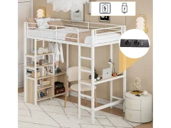 Cama mezanino metálica 90x200cm - com mesa + tomadas USB + barreiras - Branco