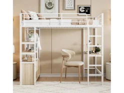Cama mezanino metálica 90x200cm - com mesa + tomadas USB + barreiras - Branco
