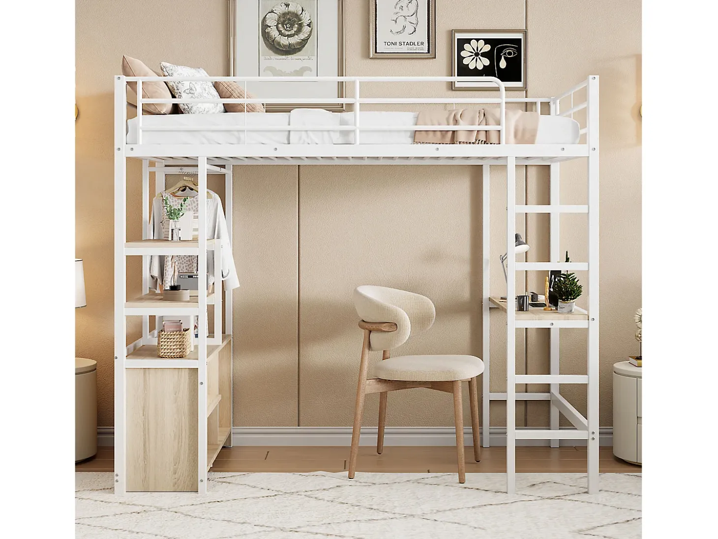 Cama mezanino metálica 90x200cm - com mesa + tomadas USB + barreiras - Branco