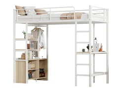 Cama mezanino metálica 90x200cm - com mesa + tomadas USB + barreiras - Branco