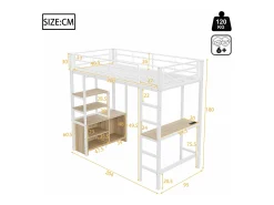 Cama mezanino metálica 90x200cm - com mesa + tomadas USB + barreiras - Branco