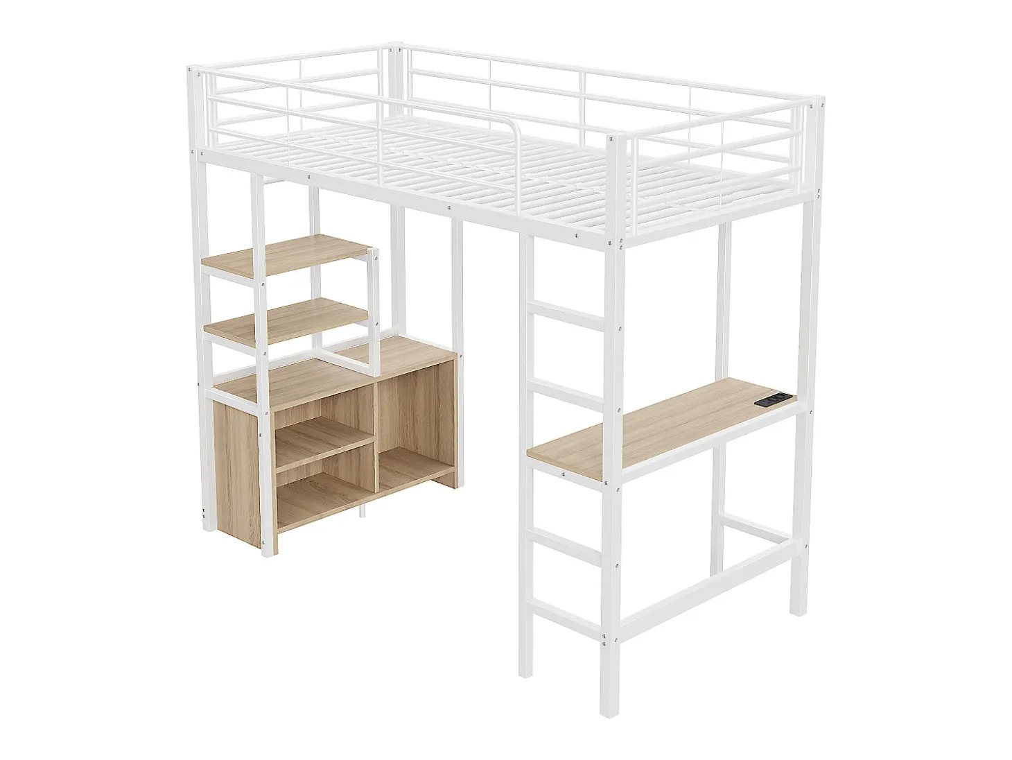 Cama mezanino metálica 90x200cm - com mesa + tomadas USB + barreiras - Branco