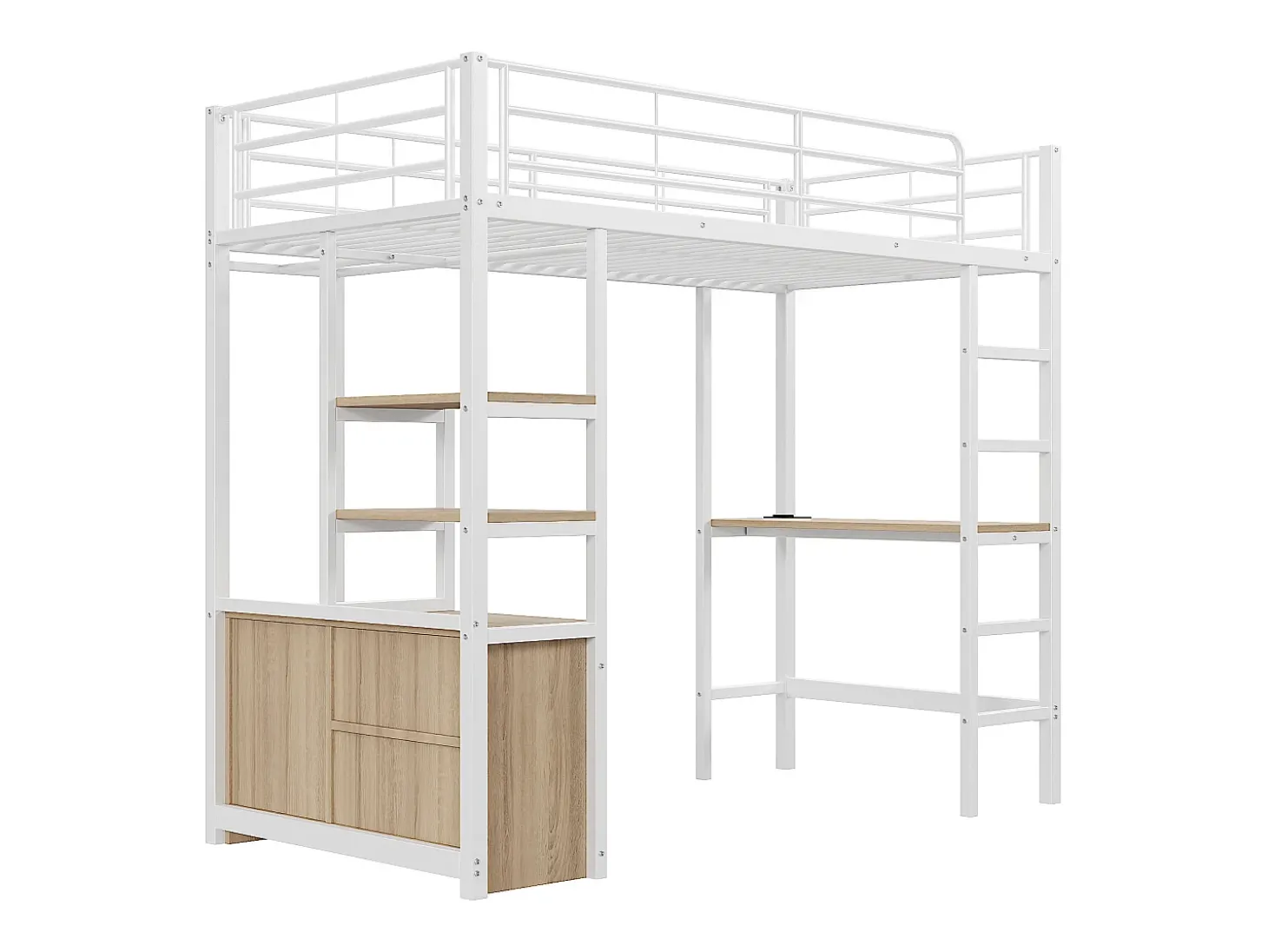 Cama mezanino metálica 90x200cm - com mesa + tomadas USB + barreiras - Branco
