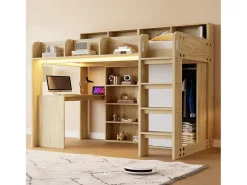 Cama mezanino multifuncional 90 × 200 cm - con escrivaninha + armário - con iluminação LED + tomada - natural​ (colchão não incluído)
