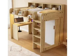 Cama mezanino multifuncional 90 × 200 cm - con escrivaninha + armário - con iluminação LED + tomada - natural​ (colchão não incluído)