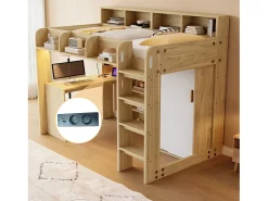 Cama mezanino multifuncional 90 × 200 cm - con escrivaninha + armário - con iluminação LED + tomada - natural​ (colchão não incluído)