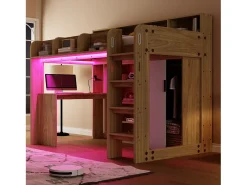 Cama mezanino multifuncional 90 × 200 cm - con escrivaninha + armário - con iluminação LED + tomada - natural​ (colchão não incluído)