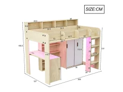 Cama mezanino multifuncional 90 × 200 cm - con escrivaninha + armário - con iluminação LED + tomada - natural​ (colchão não incluído)