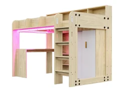 Cama mezanino multifuncional 90 × 200 cm - con escrivaninha + armário - con iluminação LED + tomada - natural​ (colchão não incluído)
